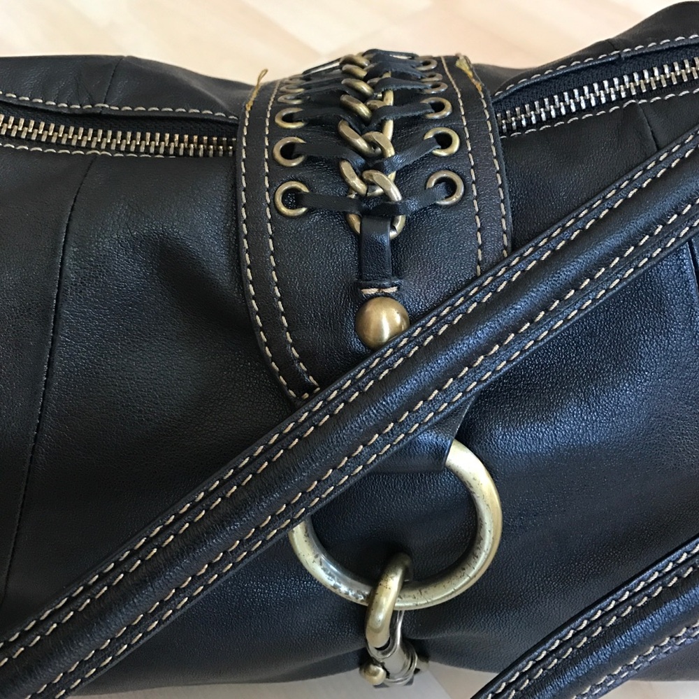 Via Spiga Black Leather Shoulder Satchel with Brass Ring Accents 
9 1/2 by 14” - Picture 2 of 6